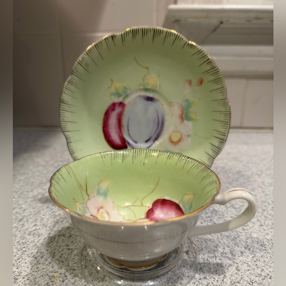 Vtg Halsey Fifth Floral Green Teacup and Saucer Set